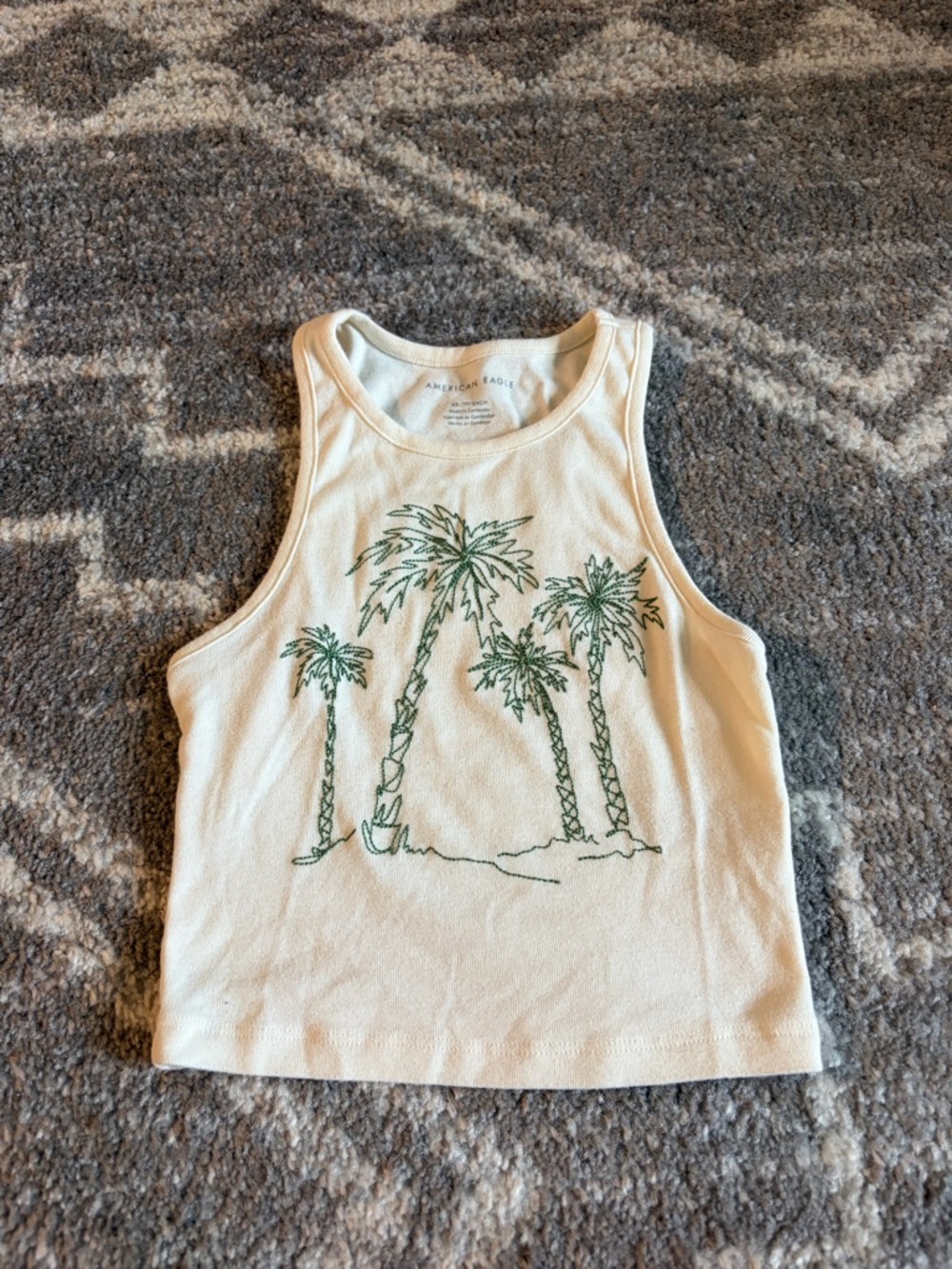 American Eagle Outfitters Cream Tank Top with Green Palm Tree Design